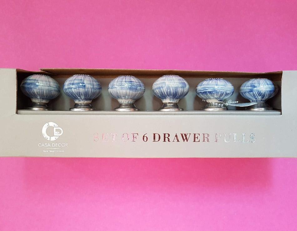 Möbelknöpfe Keramik blau, weiß, silber, rund, 6-er Set - Lioness Vintage