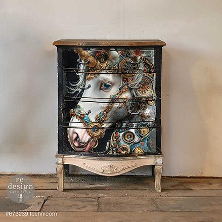 kommode_Technicorn_Decoupage_Papier_Redesign_steampunk_pferd_DIN_A1_einhorn