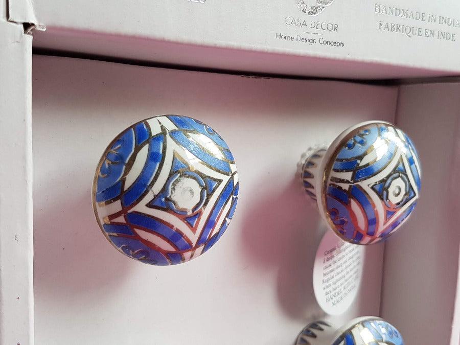 Furniture knobs ceramic white, blue with gold decoration, set of 4